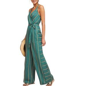 Anthropologie ETT:TWA Portsmouth Jumpsuit XS Green Stripe Belted Wide Leg Halter